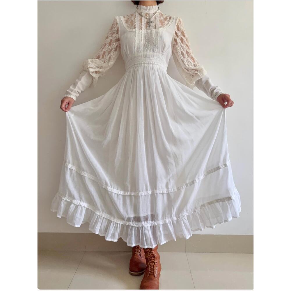 1970s Gunne Sax Victorian Lace Wedding Dress | White Prairie Maxi Dress - Picture 3 of 12